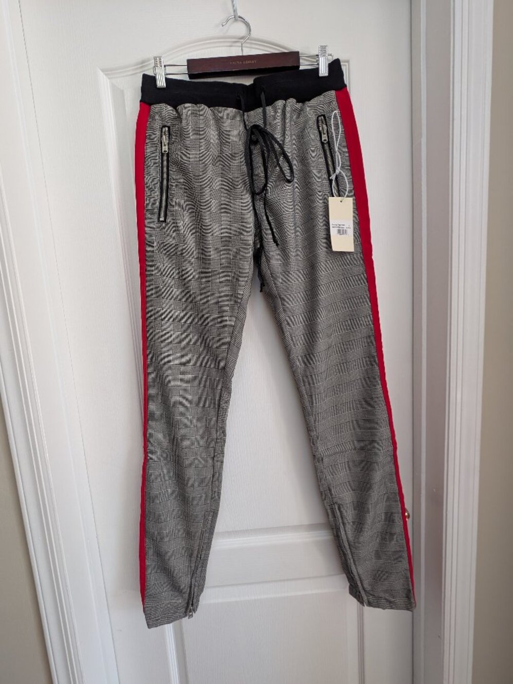 MNML Grandpa Track Pants Glen Plaid Houndstooth Red Side Stripe Joggers Men's L